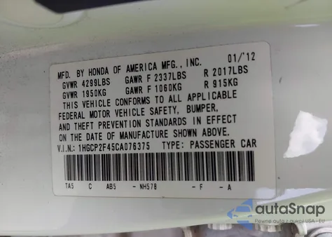 2012 Honda Accord 2.4 Lx-P z USA, uszkodzony, nr VIN 1HGCP2F45CA076375